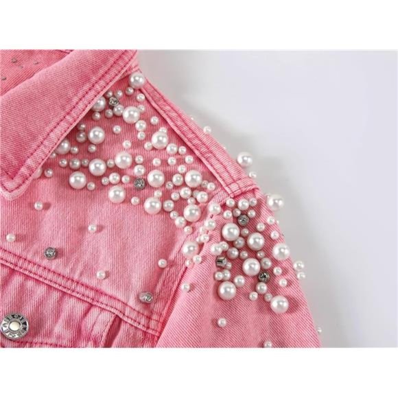 Women's Embroidered Rivet Pearl Short Denim Jacket Coat Pink - Picture 5 of 6